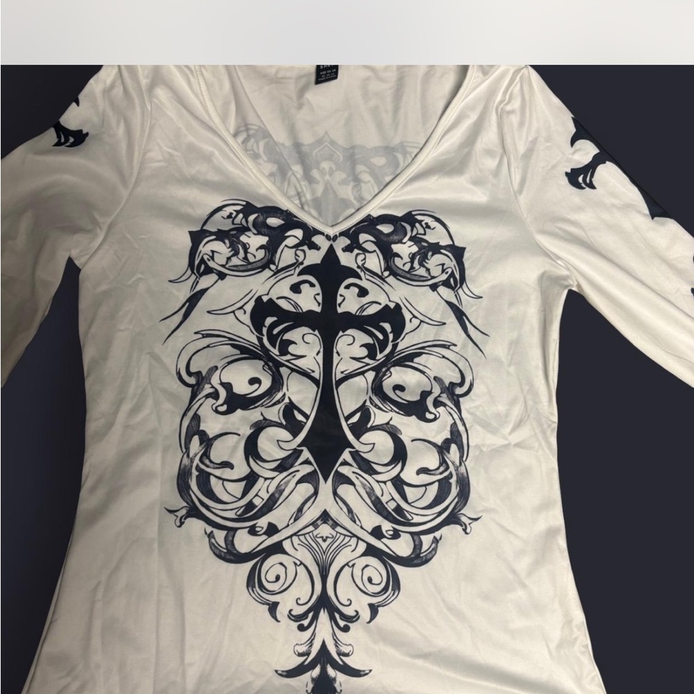 SHEIN White and Black Ornate Long Sleeve Top